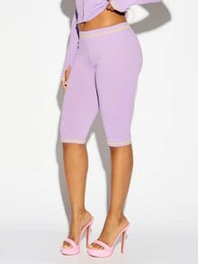 SUMWON WOMEN Lavender High Rise Cycling Biker Shorts With Neon Yellow Contrast Stitching And Back Logo Print Below Knee Length - Purple - View 1