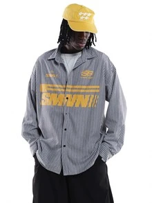 SUMWON Oversized Striped Long Sleeve Button-Up Shirt With Bold Front Logo Graphic Print Spread Collar Street Style Casual Overshirt - Blue - View 1