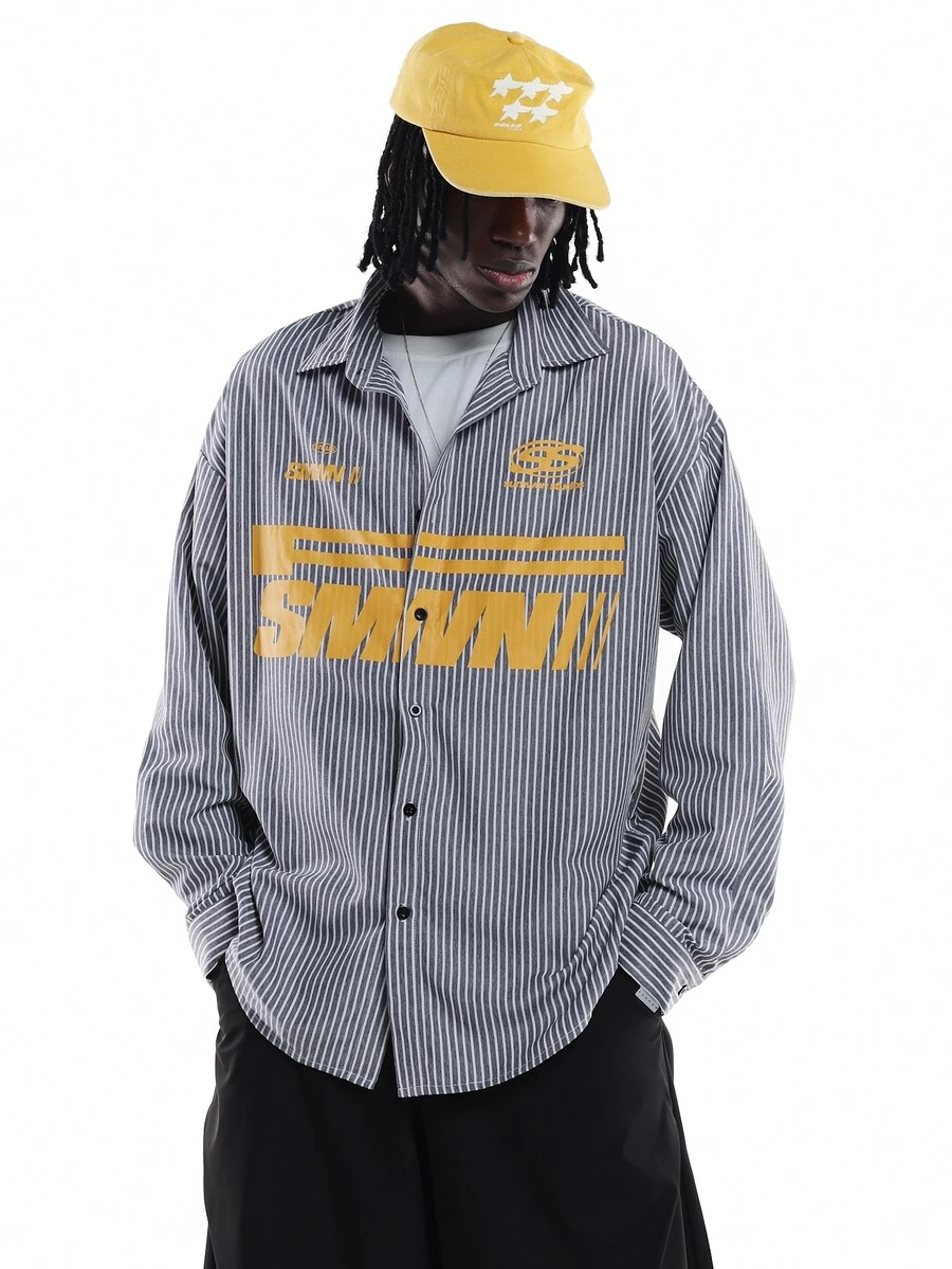 SUMWON Oversized Striped Long Sleeve Button-Up Shirt With Bold Front Logo Graphic Print Spread Collar Street Style Casual Overshirt - Blue - View 1
