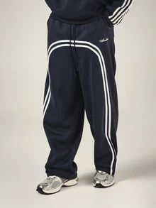 SUMWON Wide Leg Track Pants With Contrast White Stripe Detailing Drawstring Waist Script Logo Embroidery Full Length Casual Style - Navy Blue - View 4