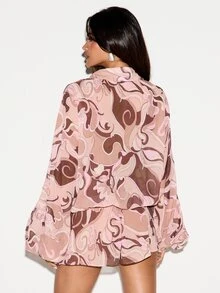 KIZN Chiffon Romper With Swirl Print Collared Neckline Long Bell Sleeves Ruffle Hem And Relaxed Fit Summer Festival - Pink - View 3