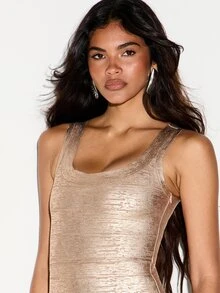 KIZN Metallic Bodycon Mini Dress Scoop Neck Sleeveless Stretch Bandage Foil Party Night Out Holiday Season Shimmer - Gold - View 5