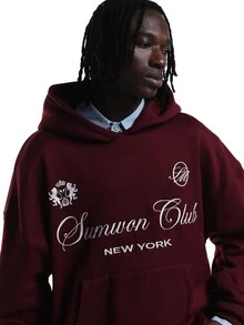 SUMWON Club New York Oversized Pullover Hoodie With Sheild Graphic And Script Logo Print For Fall Winter - Burgundy - View 4
