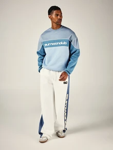 SUMWON Club Color Block Crew Neck Sweatshirt With Embroidered Logo Chest Print And Contrast Piping Detail - Blue - View 3