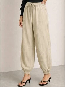 ELLERISSA Khaki Drawstring Elastic Waist Balloon Cargo Pants - Khaki - View 1