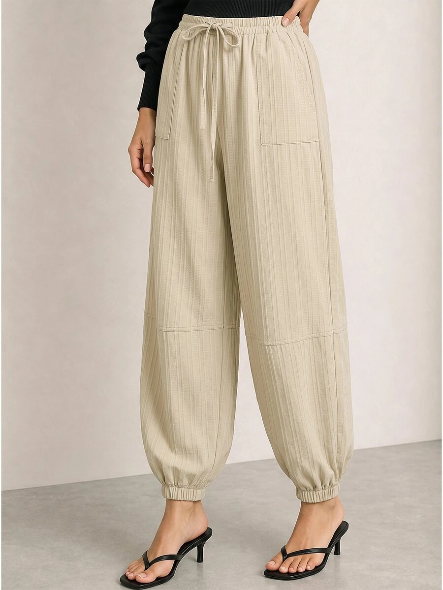 ELLERISSA Khaki Drawstring Elastic Waist Balloon Cargo Pants - Khaki - View 1