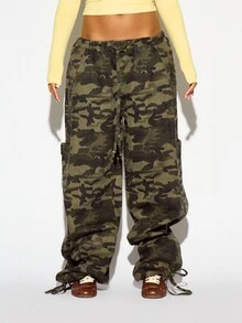 SUMWON WOMEN Camouflage Cargo Pants Baggy Wide Leg Drawstring Waist Full Length With Side Cargo Pockets Elastic Ankle - Army Green - View 1