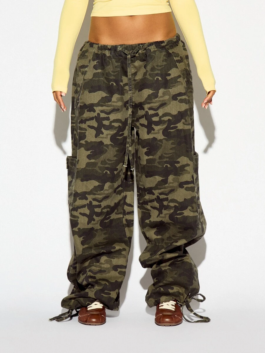 SUMWON WOMEN Camouflage Cargo Pants Baggy Wide Leg Drawstring Waist Full Length With Side Cargo Pockets Elastic Ankle - Army Green - View 1