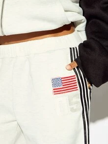 SUMWON WOMEN Oversized Wide Leg Fleece Sweatpants With American Flag Patch Side Stripe Detail And Varsity Number Print Relaxed Fit Full Length - Grey - View 4