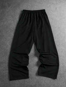 SUMWON Wide Leg Track Pants With Contrast Color Block Side Panels Elasticated Drawstring Waist Casual Relaxed Fit Trousers - Black - View 2