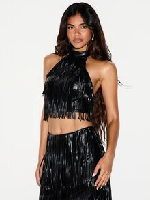 KIZN Faux Leather Fringe Halter Crop Top With High Neck And Open Back Clasp Festival Party Night Out Style - Black - View 1