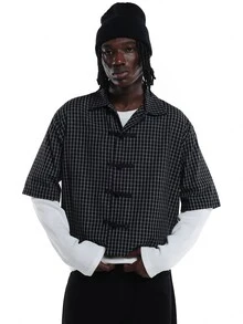 SUMWON Cropped Checked Short Sleeve Shirt With Chinese Frog Button Closure And Spread Collar Boxy Fit Street Style - Black - View 1