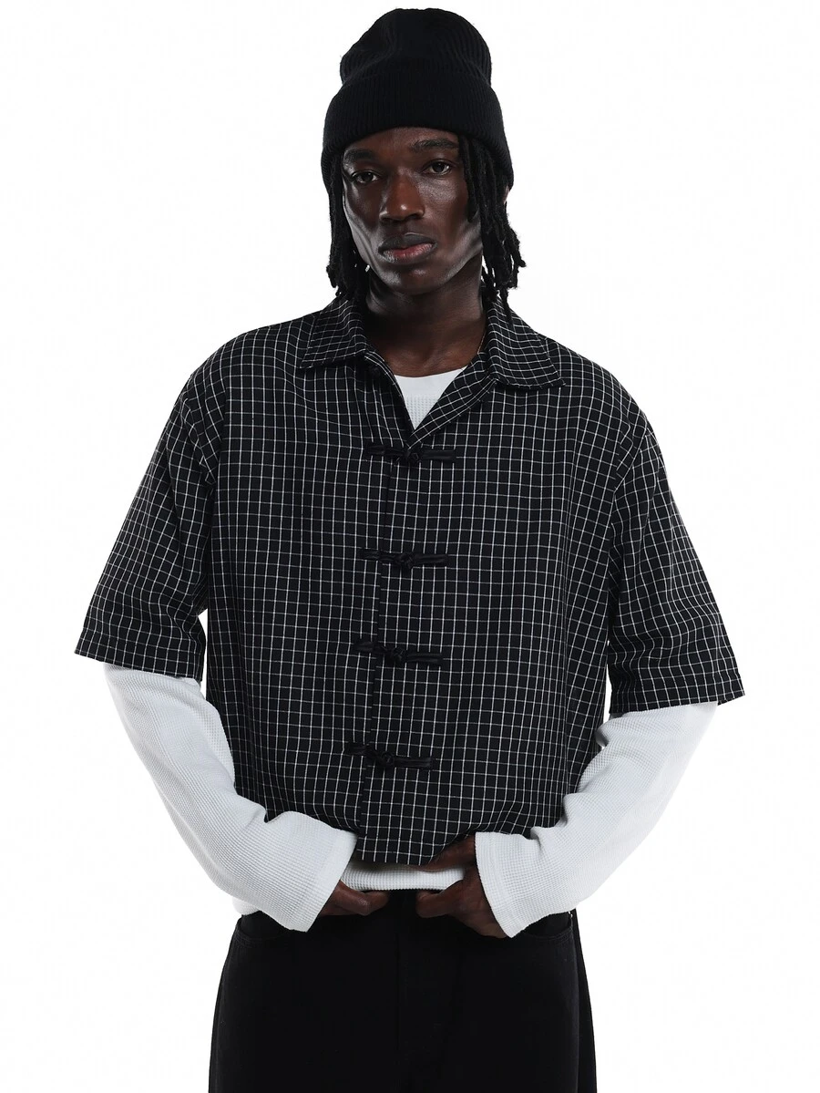SUMWON Cropped Checked Short Sleeve Shirt With Chinese Frog Button Closure And Spread Collar Boxy Fit Street Style - Black - View 1