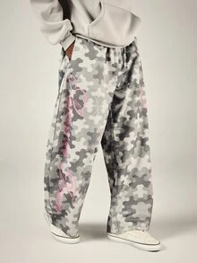 SUMWON Wide Leg Grey Camo Sweatpants With Pink Script Logo Leg Print Elastic Waist Casual Streetwear Trousers Fall Winter - Multicolor - View 1