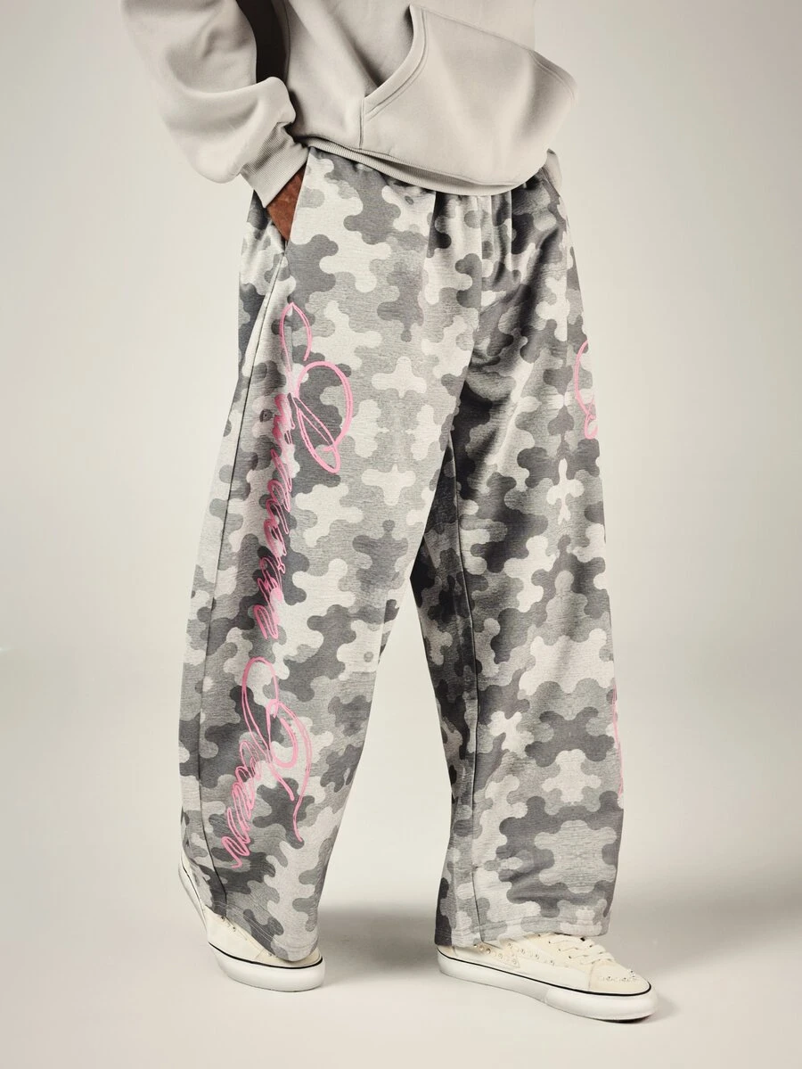 SUMWON Wide Leg Grey Camo Sweatpants With Pink Script Logo Leg Print Elastic Waist Casual Streetwear Trousers Fall Winter - Multicolor - View 1