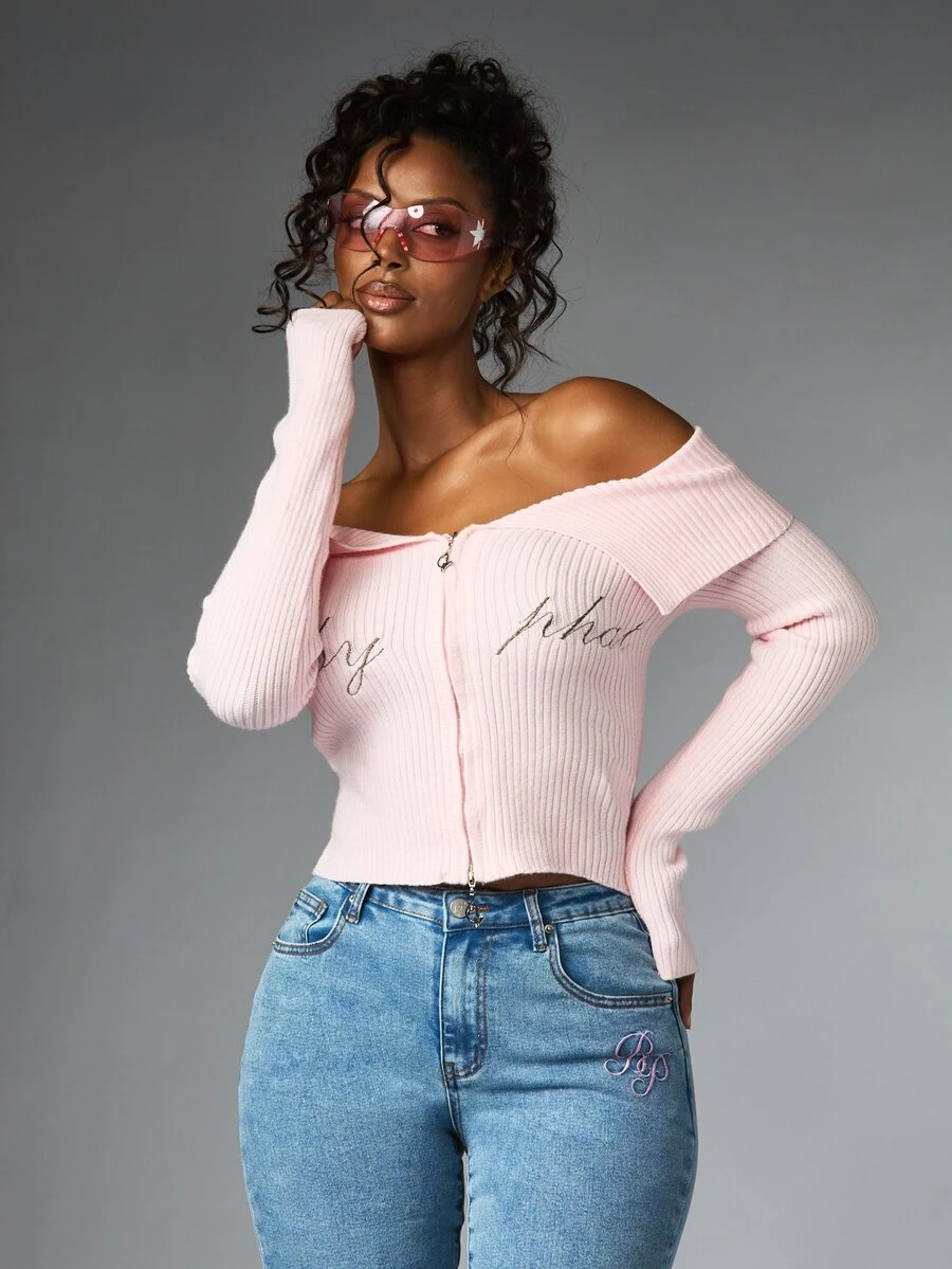 BABYPHAT Women's Sweet Fashion Embroidered Zipper Off-Shoulder Top - Pink - View 1