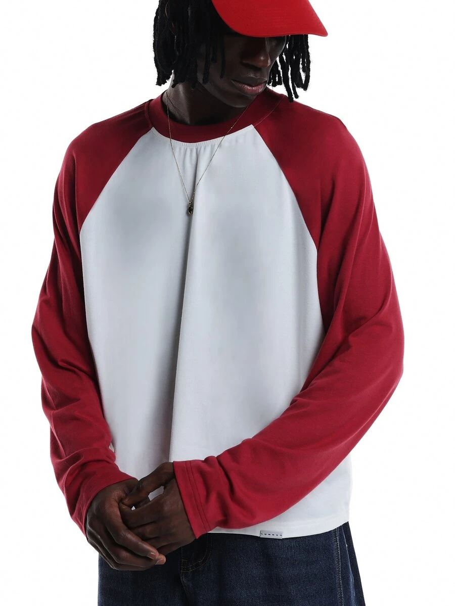 SUMWON Oversized Raglan Long Sleeve Crew Neck Color Block Baseball Tee With Contrast Sleeves And Ribbed Neckline For Casual Everyday Wear - Red and White - View 1