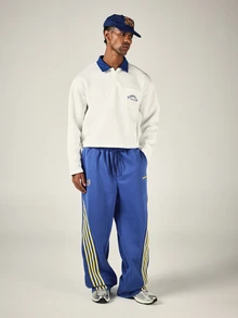 SUMWON Wide Leg Track Pants With Yellow Side Stripe Detailing Drawstring Waist And Embroidered Logo Perfect For Casual Streetwear - Blue - View 3