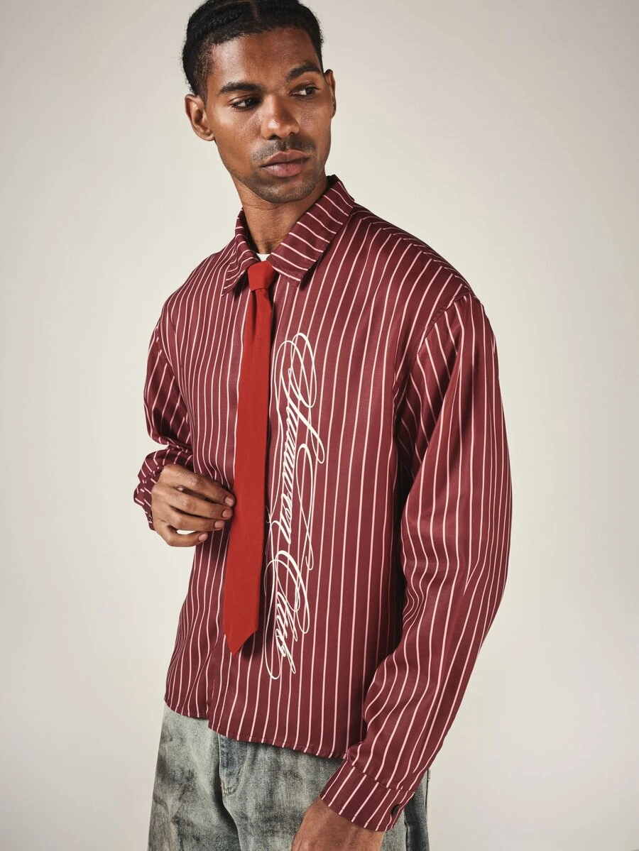 SUMWON Oversized Vertical Striped Long Sleeve Button-Up Shirt With Cursive Script Logo Print Collared Casual Streetwear Top - Red - View 1