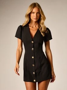 AiiRZ Black Mini Blazer Dress With Deep Plunge V-Neck Puff Sleeves And Gold Ornate Buttons Perfect For Party Date Night - Black - View 4
