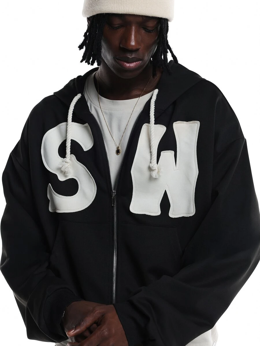 SUMWON Oversized Full-Zip Hoodie With Large SW Applique Letters Rope Drawstring Long Sleeve Winter Fall Streetwear Style - Black - View 1