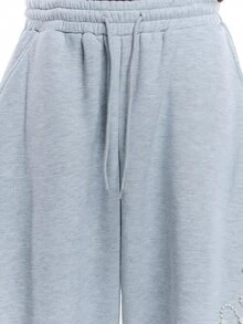 SUMWON Wide Leg Sweatpants With Pearl Bead Floral Script Embellishment On Leg Drawstring Waist Casual Lounge Trousers Spring Summer - Grey - View 6