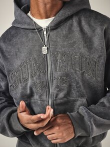SUMWON Club Acid Washed Full-Zip Oversized Hoodie With Embroidered Varsity Text Chest Print And Ribbed Hem - Light Grey - View 5