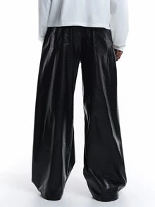 SUMWON Wide Leg Faux Leather Crocodile Embossed Trousers Full Length Elasticated Waist Palazzo Pants Fall Winter Statement Style - Black - View 2