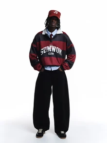 SUMWON Club New York Oversized Crop Rugby Sweatshirt Horizontal Stripe Collared Neck Long Sleeve Satin Finish Top - Multicolor - View 3