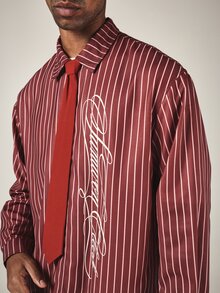 SUMWON Oversized Vertical Striped Long Sleeve Button-Up Shirt With Cursive Script Logo Print Collared Casual Streetwear Top - Red - View 5