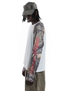 SUMWON Oversized Raglan Long Sleeve Tee With Camo Print Sleeves And Cursive Script Detail Crew Neck Color Block Top - Multicolor - View 4