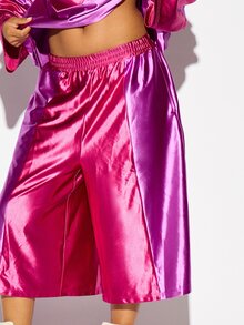 SUMWON WOMEN Oversized Metallic Satin Wide Leg Culottes High Rise Elastic Waist Midi Length Shiny Party Festival Summer Statement Bottoms - Red - View 3