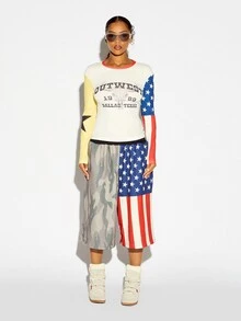 SUMWON WOMEN Out West 1989 Dallas Texas Graphic Crop Long Sleeve Top Color Block American Flag Stars Contrast Neckline Trim - Multicolor - View 3