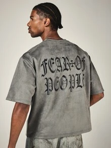 SUMWON Fear Of People 水洗寬鬆短版 T-shirt，哥德式 Old English 背面印花與十字 Logo 飾節 - 深灰色 - 查看 1