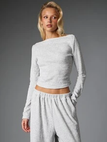 MISSGUIDED Cosy Waffle Knit Co-Ord Set Boat Neck Long Sleeve Crop Top And Wide Leg Lounge Pants Two Pieces Autumn Winter Set - Grey - View 3