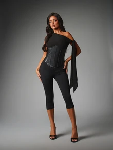 MISSGUIDED One Shoulder Faux Leather Corset Top With Lace Up Back Detail And Tie Sleeve Structured Boning Panel Crop Top Party Night Out - Black - View 3