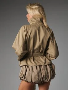 MISSGUIDED Oversized Military Style Belted Utility Jacket With Metal Eyelets Stand Collar Zip Closure And Peplum Hem Fall Winter Outerwear - Army Green - View 2