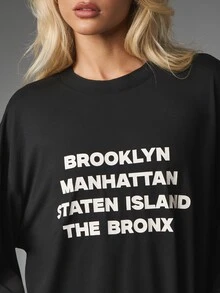 MISSGUIDED Oversized Long Sleeve Crew Neck Tee With NYC Boroughs Text Print Brooklyn Manhattan Staten Island The Bronx Casual Street Style Top - Black - View 4