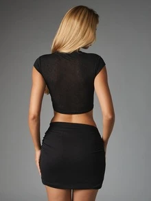 MISSGUIDED Twisted Wrap Crop Top And Ruched Bodycon Mini Skirt Co-Ord Set With Keyhole Cutout Cap Sleeve Summer Party Night Out Two Pieces - Black - View 2