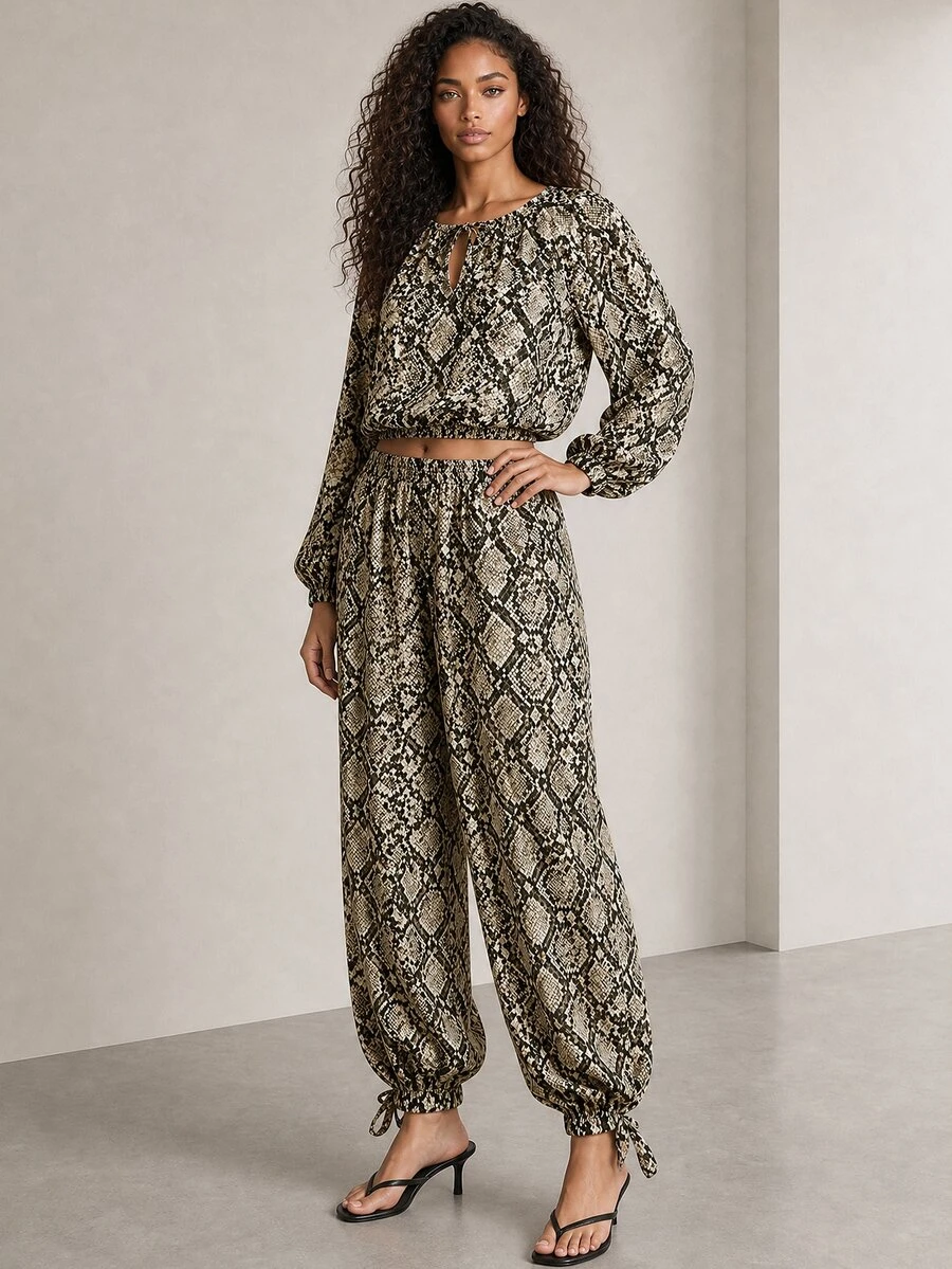 ELLERISSA Snake Print Tie Neck Long Sleeve Elastic Waist Top & Wide Leg Pants Co-Ord Set - Multicolor - View 1
