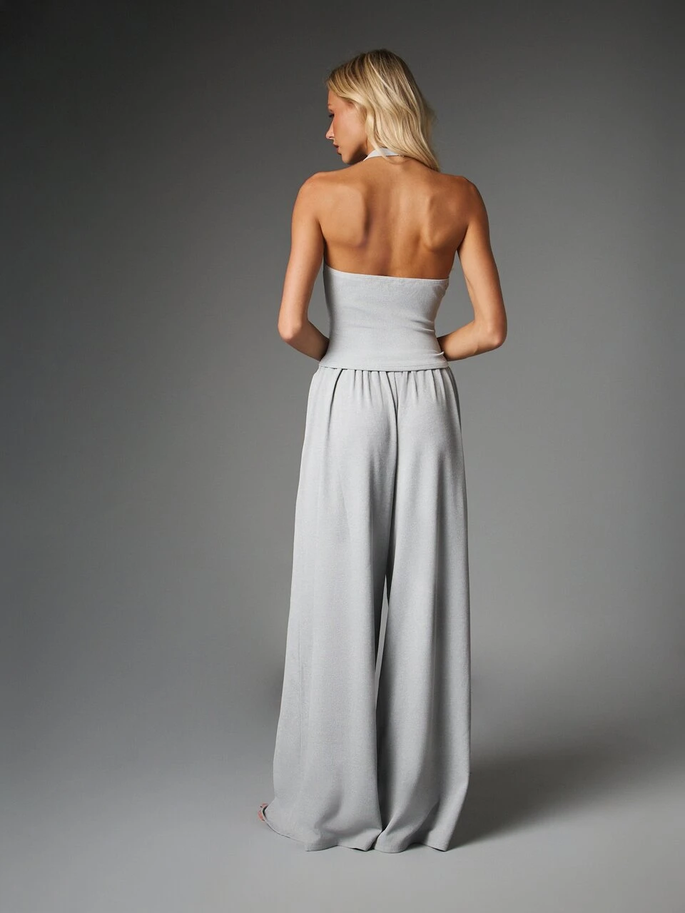MISSGUIDED Ribbed Crop Tank Top And Palazzo Wide Leg Waffle Knit Co-Ord Set Scoop Neck Sleeveless Loungewear Two Piece Outfit