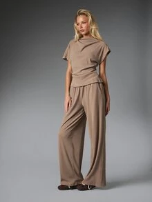 MISSGUIDED Ribbed Knit Co-Ord Set Cowl Neck Cap Sleeve Top And Wide Leg High Rise Casual Pants Two Pieces Matching Loungewear Outfit - Khaki - View 1