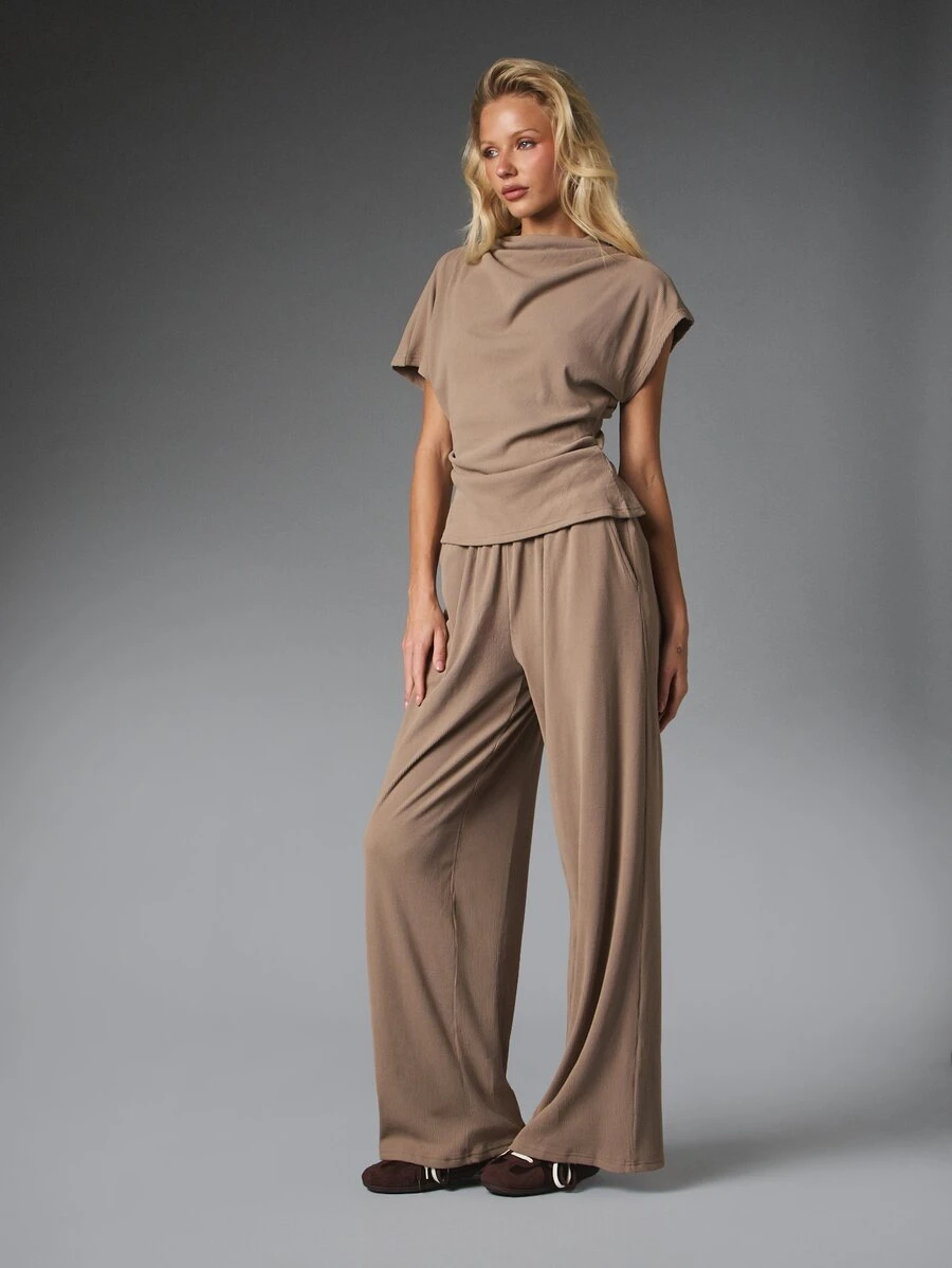 MISSGUIDED Ribbed Knit Co-Ord Set Cowl Neck Cap Sleeve Top And Wide Leg High Rise Casual Pants Two Pieces Matching Loungewear Outfit - Khaki - View 1