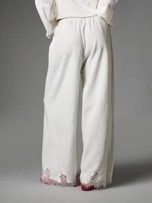 MISSGUIDED Wide Leg Casual Pants With Floral Lace Trim Hem Elastic Waist Relaxed Fit Full Length Marl Knit Lounge Trousers - Grey - View 2
