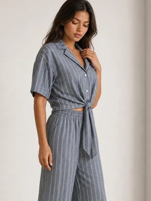 ELLERISSA Blue Pinstripe Collared Short Sleeve Tie Front Shirt & Wide Leg Pants Co-Ord Set - Blue - View 6