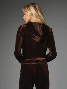 MISSGUIDED Velvet Full-Zip Sweatshirt With Side Pockets Long Sleeve Luxe Tracksuit Top Cozy Fall Winter Lounge Jacket - Brown - View 2