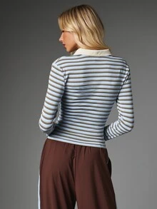 MISSGUIDED Striped Long Sleeve Crop Polo Top With Collared Neckline And Button Placket Retro Fitted Jersey Knit Spring Summer Top - Multicolor - View 2