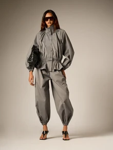 AiiRZ Balloon Harem Pants With Elastic Cuffed Ankles Relaxed Baggy Silhouette High Rise Casual Summer Holiday Trousers - Grey - View 2