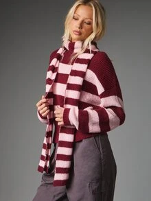 MISSGUIDED Burgundy And Pink Bold Horizontal Stripe Turtleneck Cropped Sweater Oversized Chunky Knit Long Sleeve Autumn Winter Pullover - Multicolor - View 4