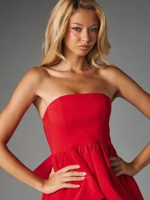MISSGUIDED Strapless Fit And Flare Mini Dress With Oversized Back Bow Detail Structured Bodice Full Skirt Valentine Party - Burgundy - View 4